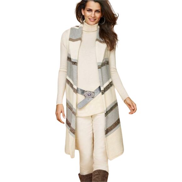 Chico's Duster Vest Calvi Striped Knit Sweater Cardigan Ivory Silver Metallic L - Picture 1 of 14